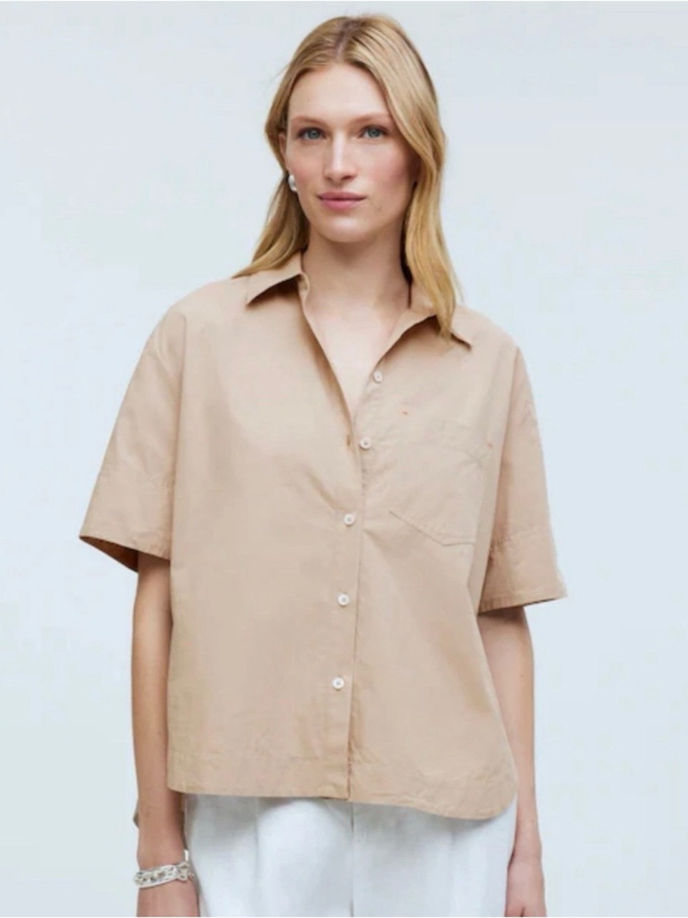 Madewell Poplin Oversized Boxy Button Up Short Sleeve Tan Top